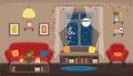 Living room with chair, sofa, window, bookshelf. Flat ÃÂozy interior in cartoon style.